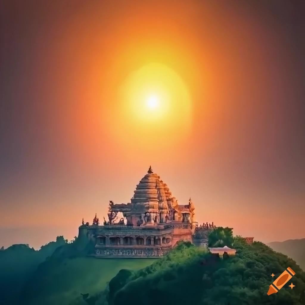Jain temple with green hills and rising sun