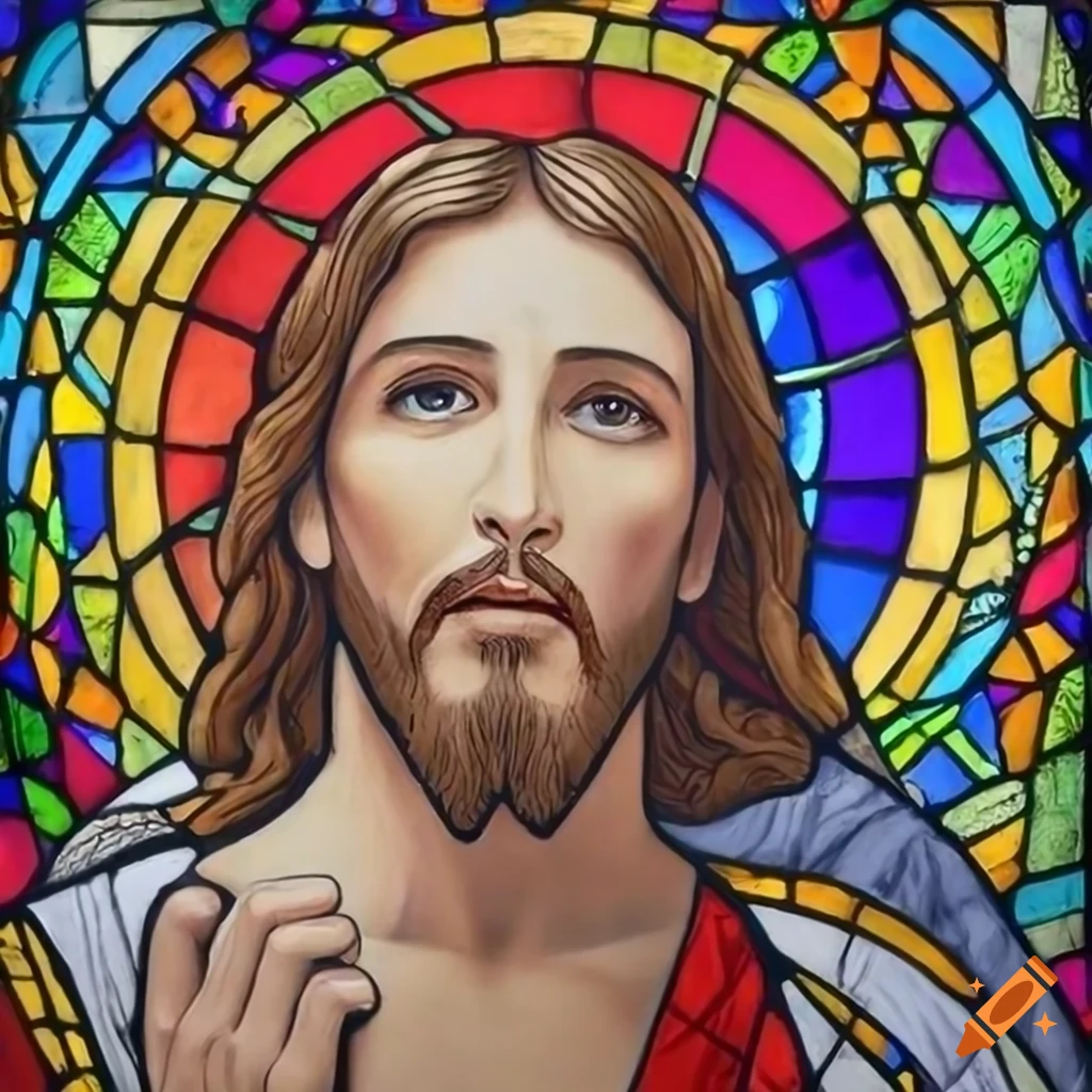 Stained glass painting of jesus and god