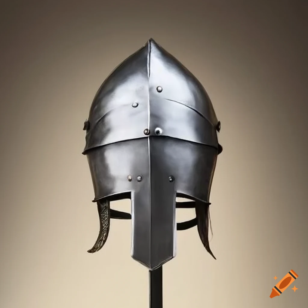symmetrical steel helmet with medieval adornments