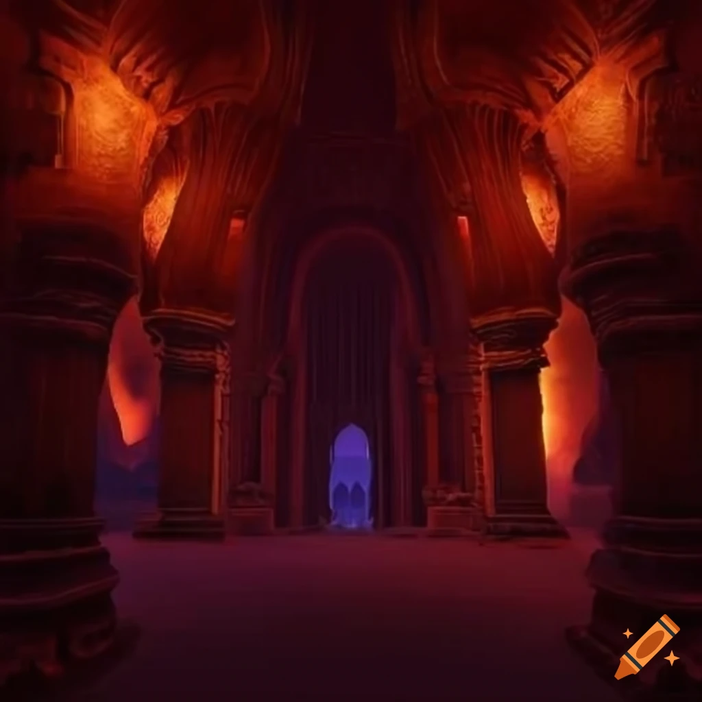 fantasy temple room with glowing red orbs and sandstone walls