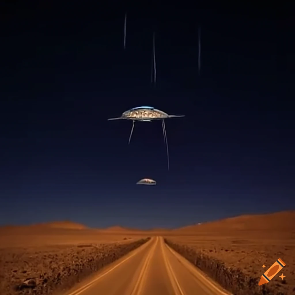 UFOs hovering over a desert road