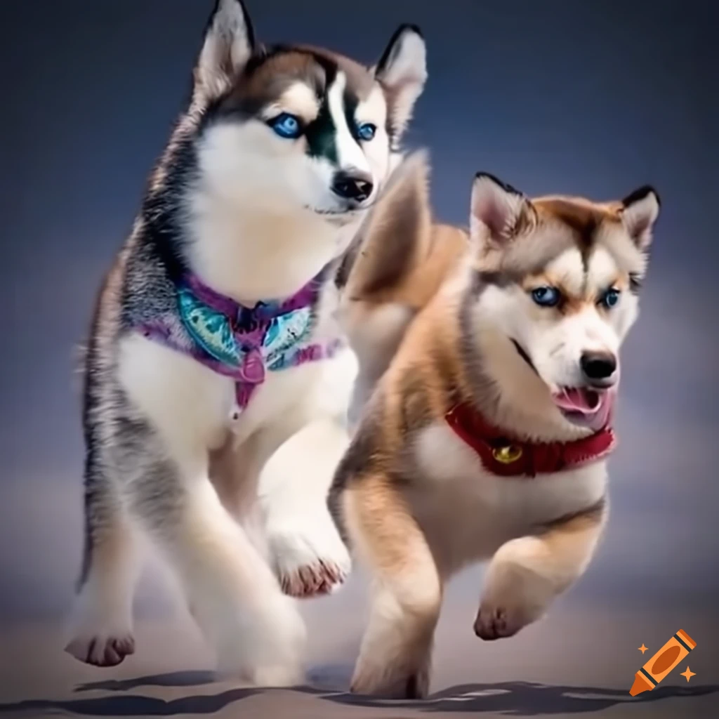 Husky dogs running with puppies on Craiyon