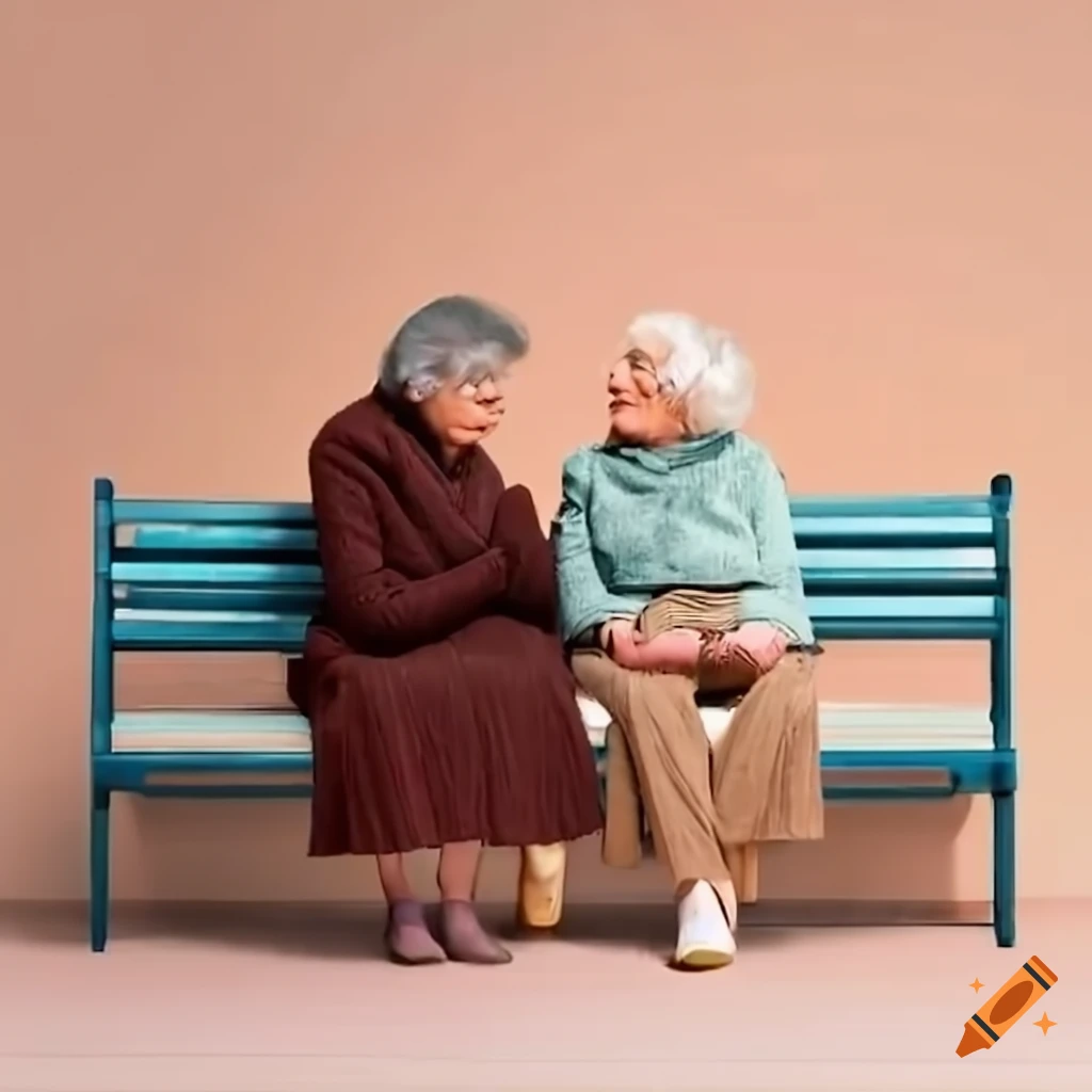 two elderly women talking on a hallway bench