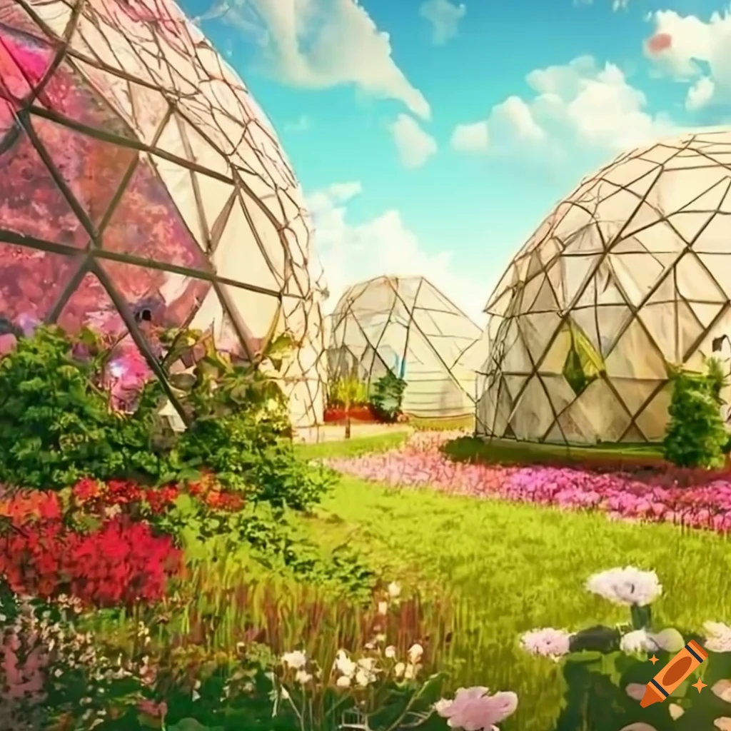 colorful gardens with geodesic domes in the background