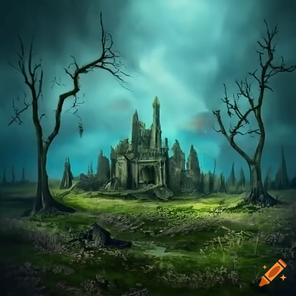 Surreal fantasy landscape with monsters and stone city on Craiyon