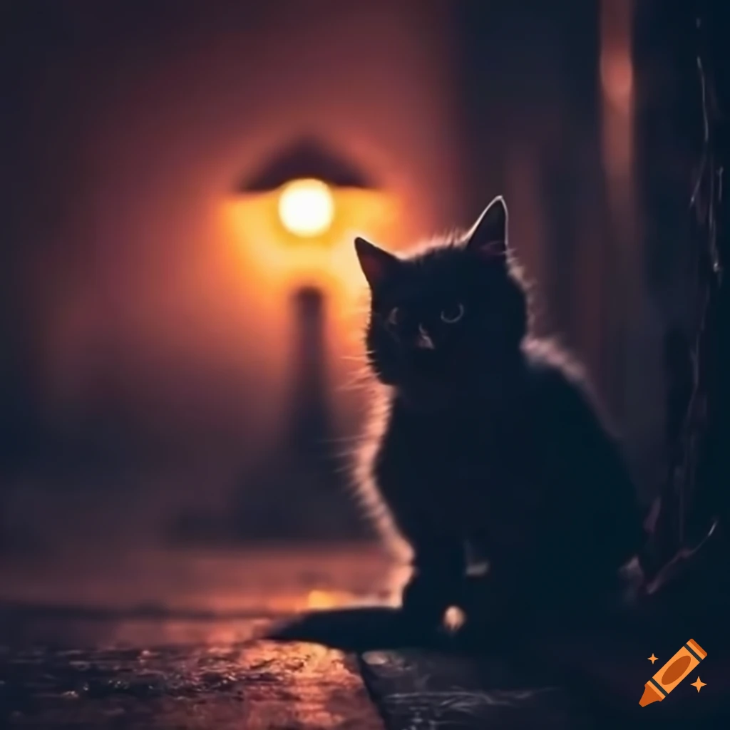 cute kitten under a streetlight in the rain
