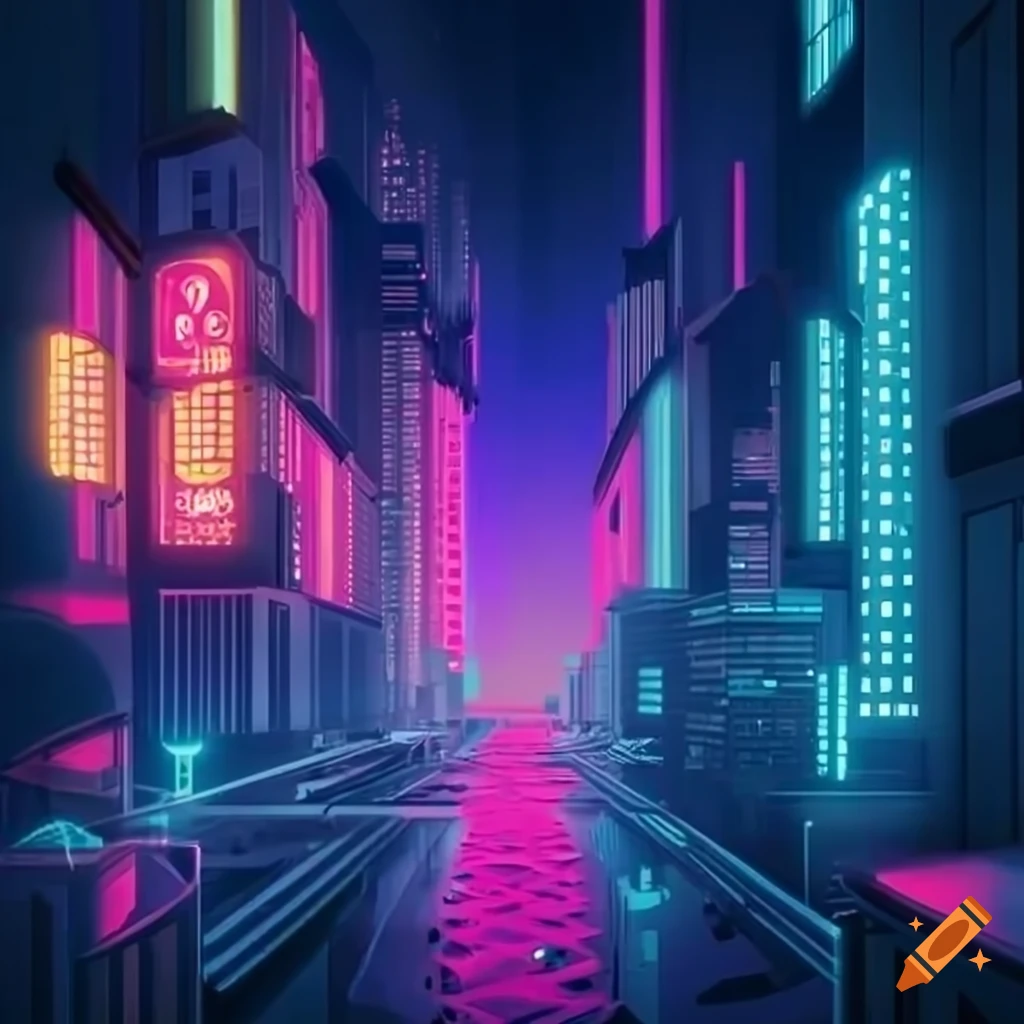 Neon-lit retro-futuristic cityscape