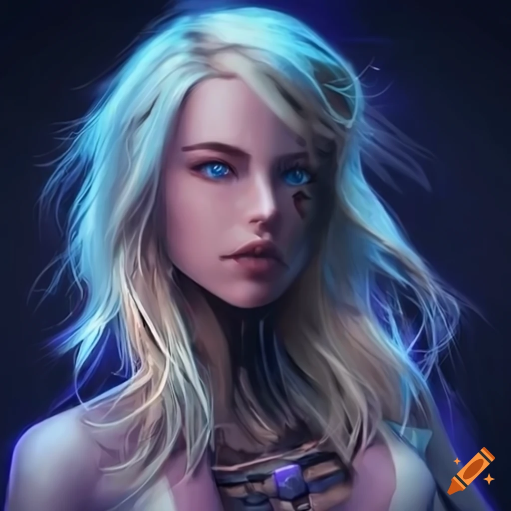 cyberpunk female with long blonde wavy hair and blue eyes