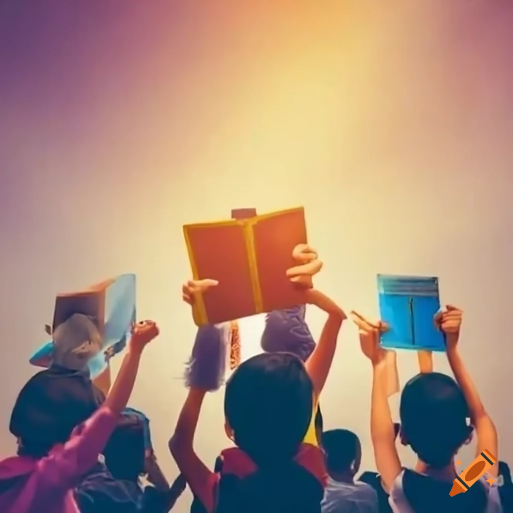 kids running towards a fair with a leader holding a book