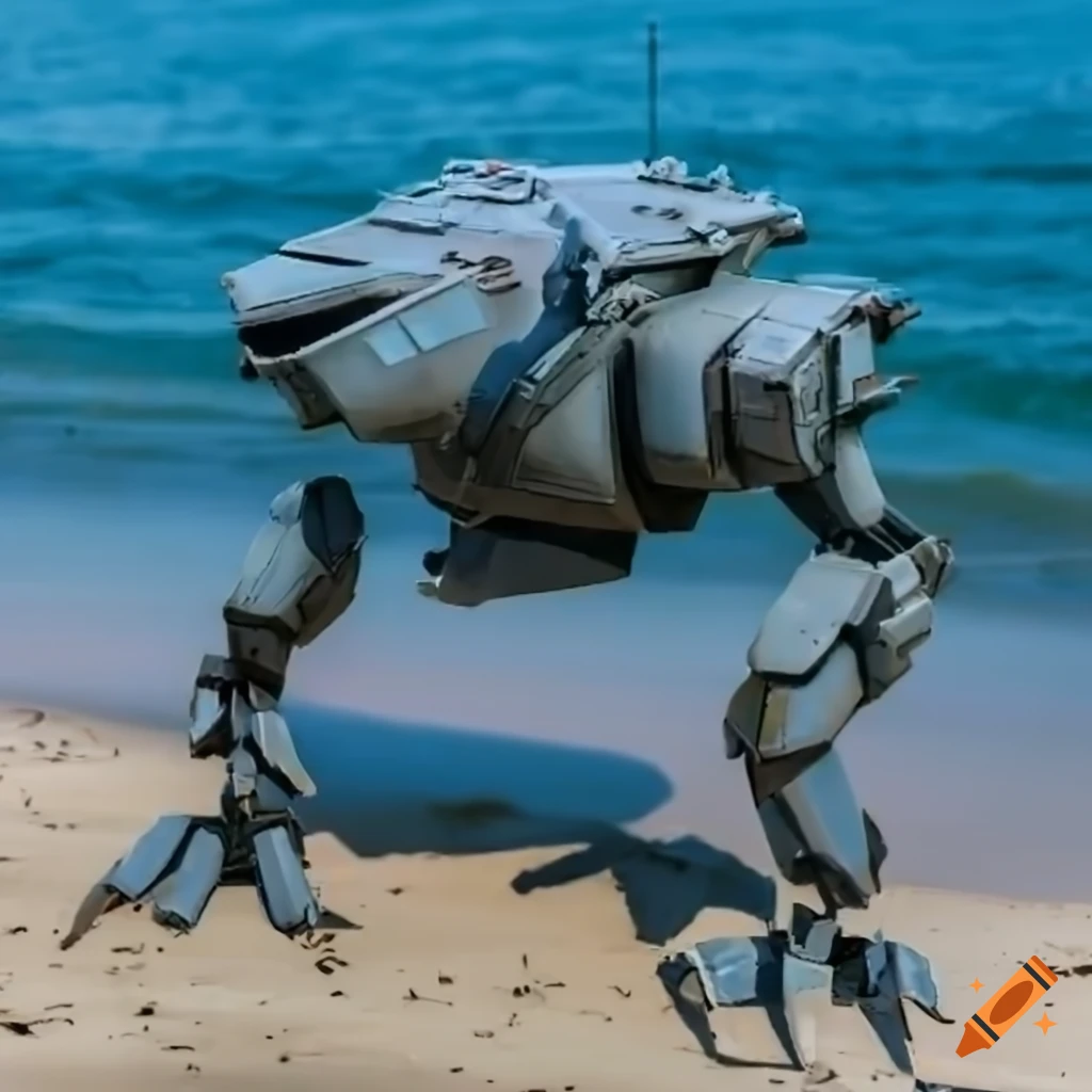 image of a hydrodynamic Armoured Mech by the seaside