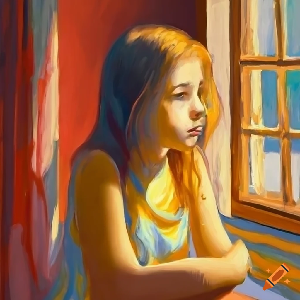 Oil painting of a teenager girl in a bedroom with summer outside