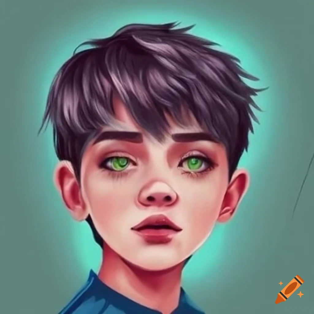Portrait of a boy with green eyes and short wavy hair