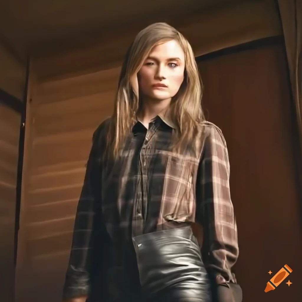 photorealistic image of a stylish woman in a plaid shirt and leather pants
