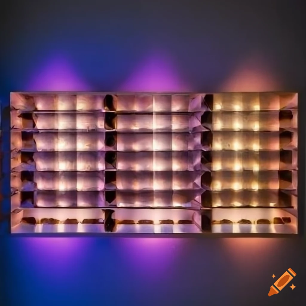wooden shelf with color-matched crystal-filled cells