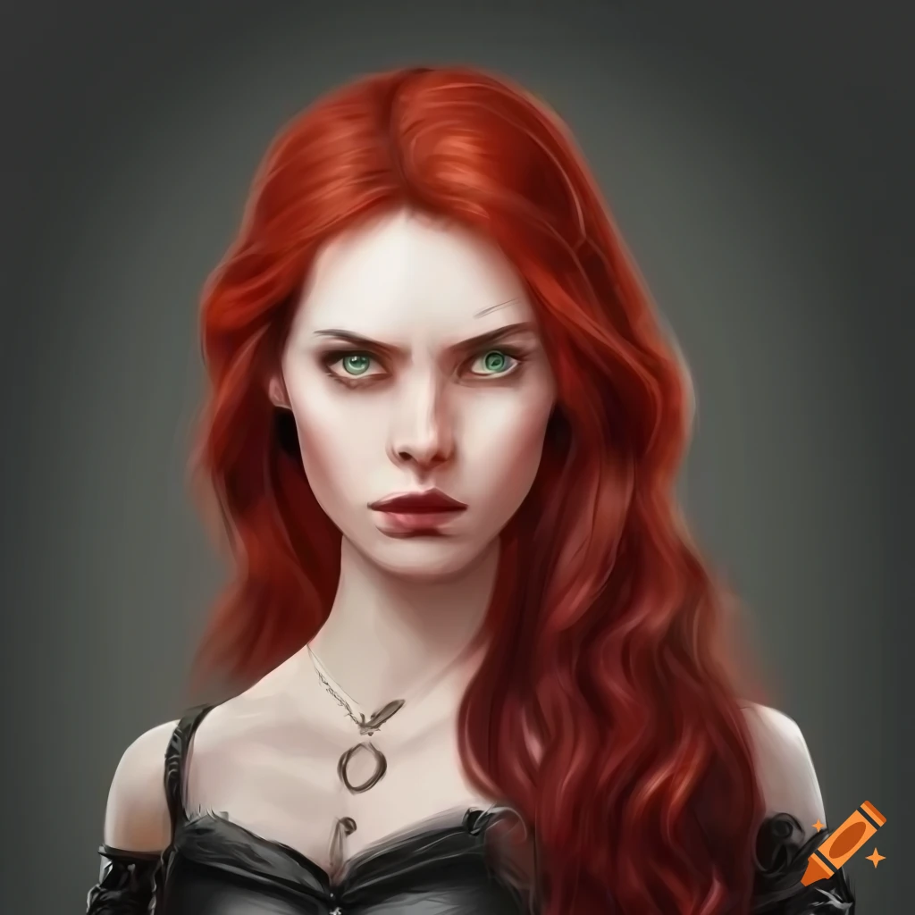 realistic illustration of a young woman with crimson hair