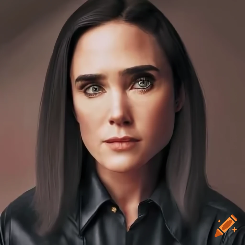 Jennifer Connelly look-alike in plaid shirt and leather pants