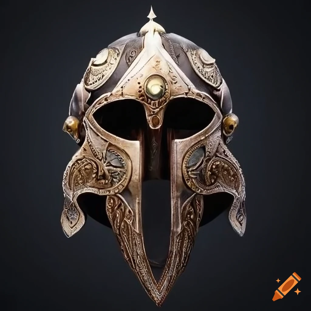 intricate symmetrical leather helmet