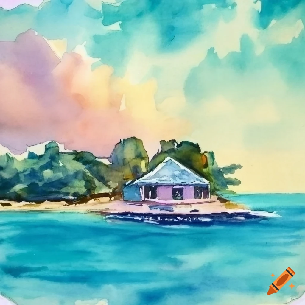 Watercolor painting of a house by the ocean in jamaica on Craiyon
