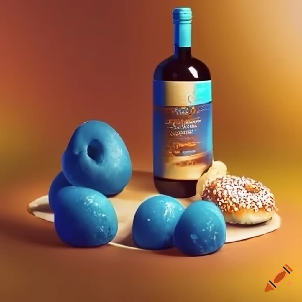 blue television with wine, chocolate, and bagel