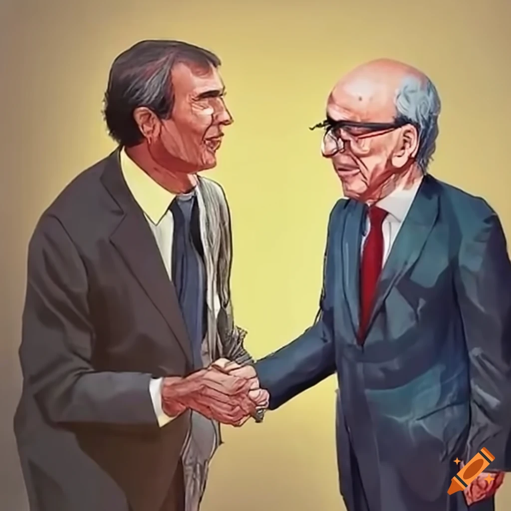 Rupert murdoch and vincent bolloré shaking hands with newspapers on Craiyon