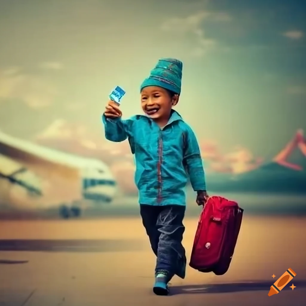 Smiling nepali child with passport and luggage at airport