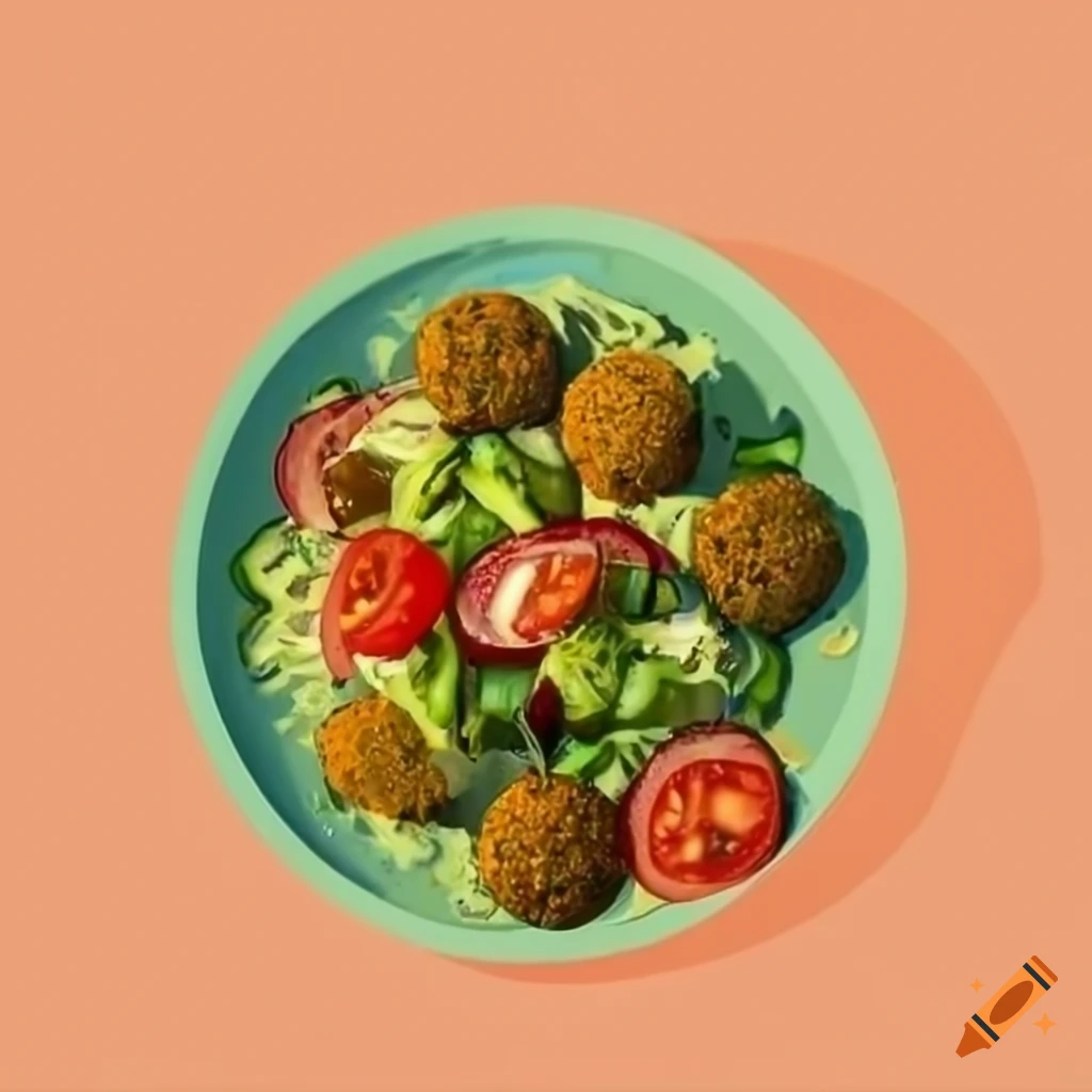 colorful and appetizing salad with falafel, feta, tomatoes, broccoli and cucumber