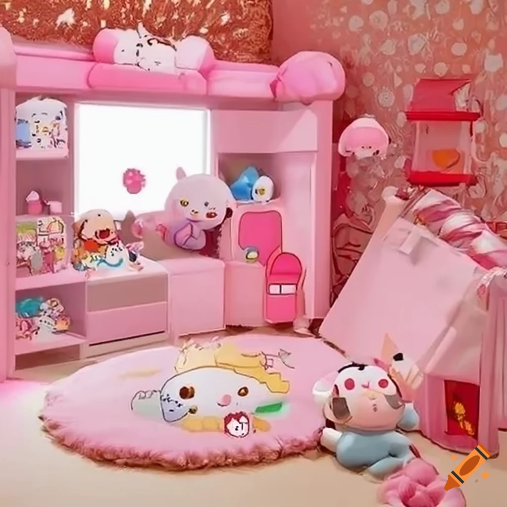 Pink-themed bedroom with cute plushies and bright light on Craiyon