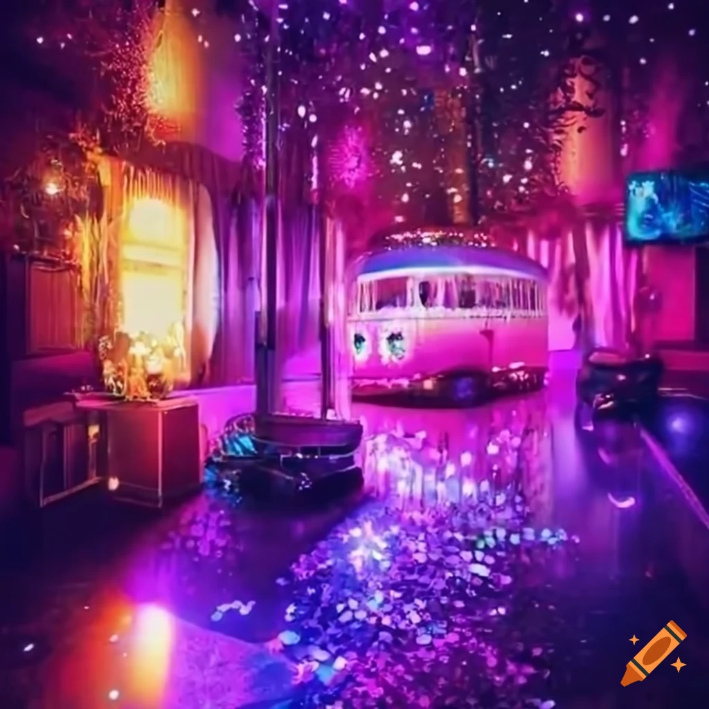 glittering stage with disco lights and a Priscilla bus