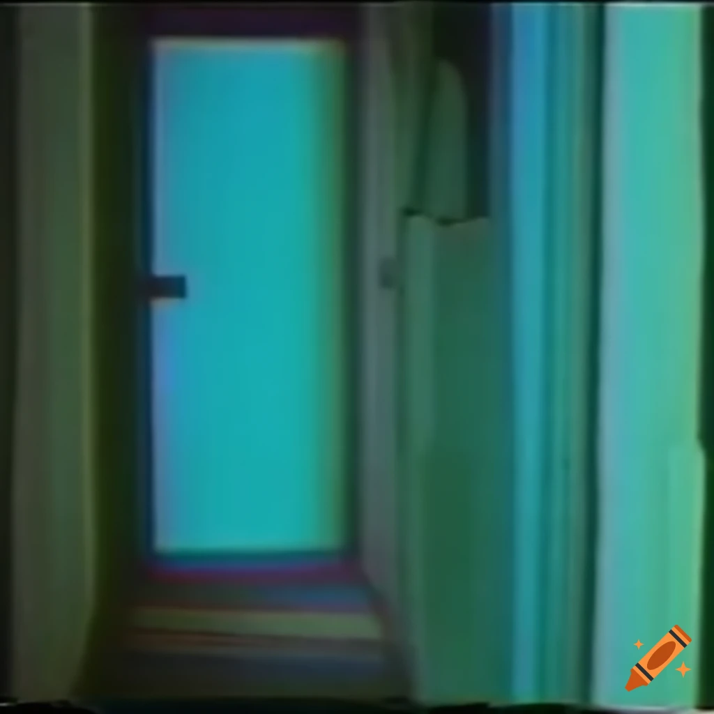 Retro vhs footage with turquoise streaks and a door