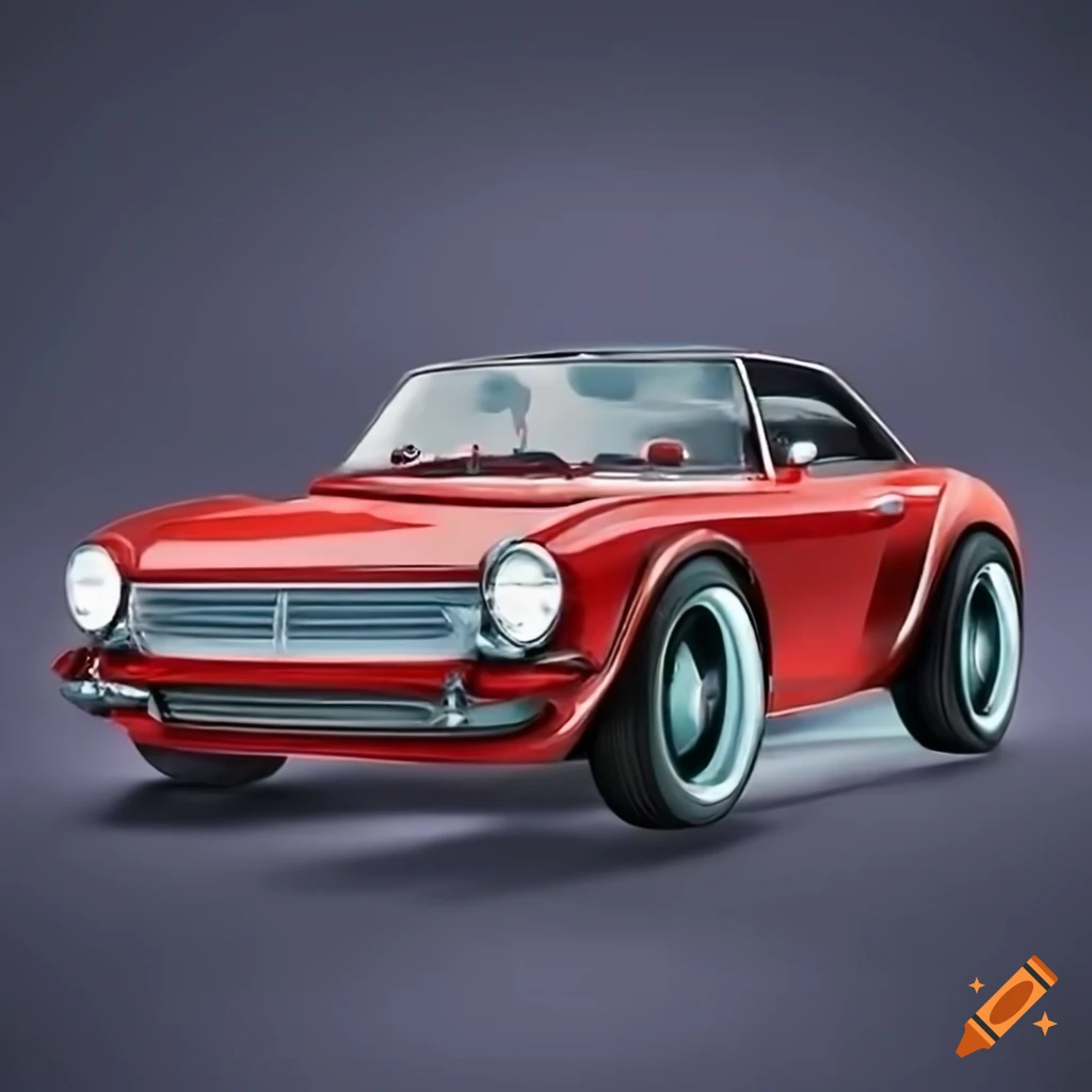 Front view of a realistic retro red car with big wheels