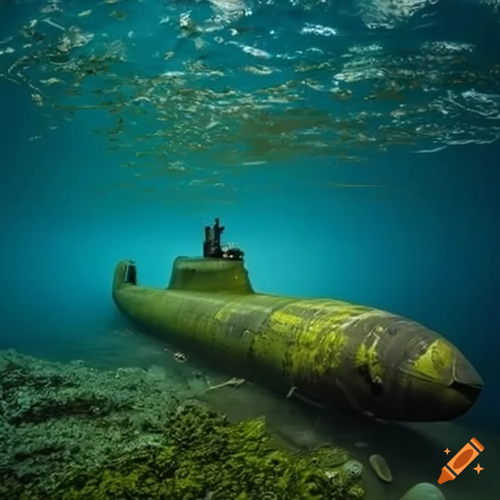 submarine covered with algae and seashells