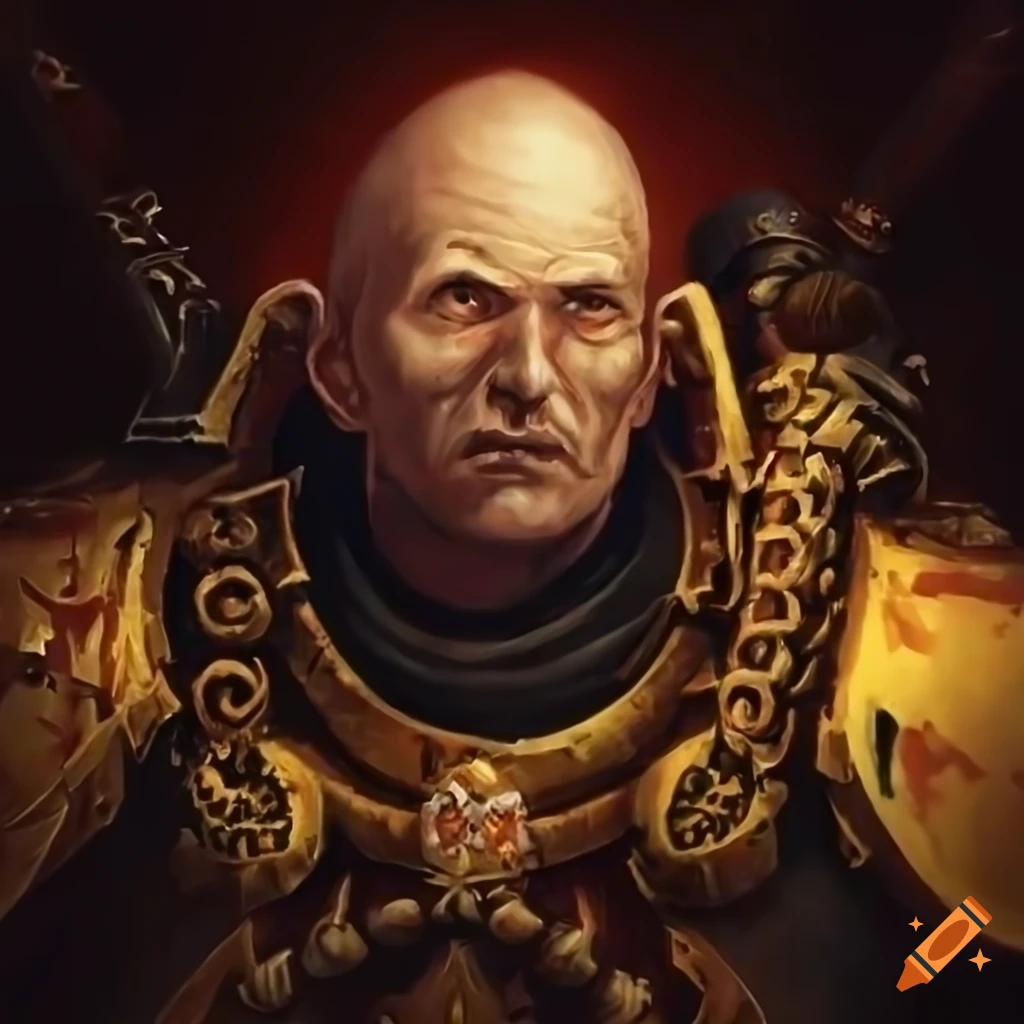 Portrait of a warhammer 40k priest with burn marks holding a chainsword ...