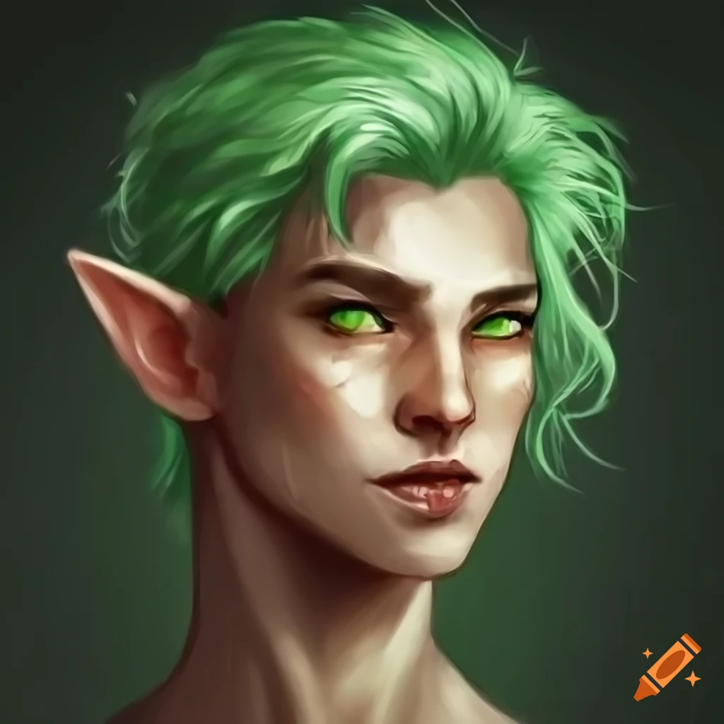 Art of a handsome green-haired half-elf wielding a boomerang