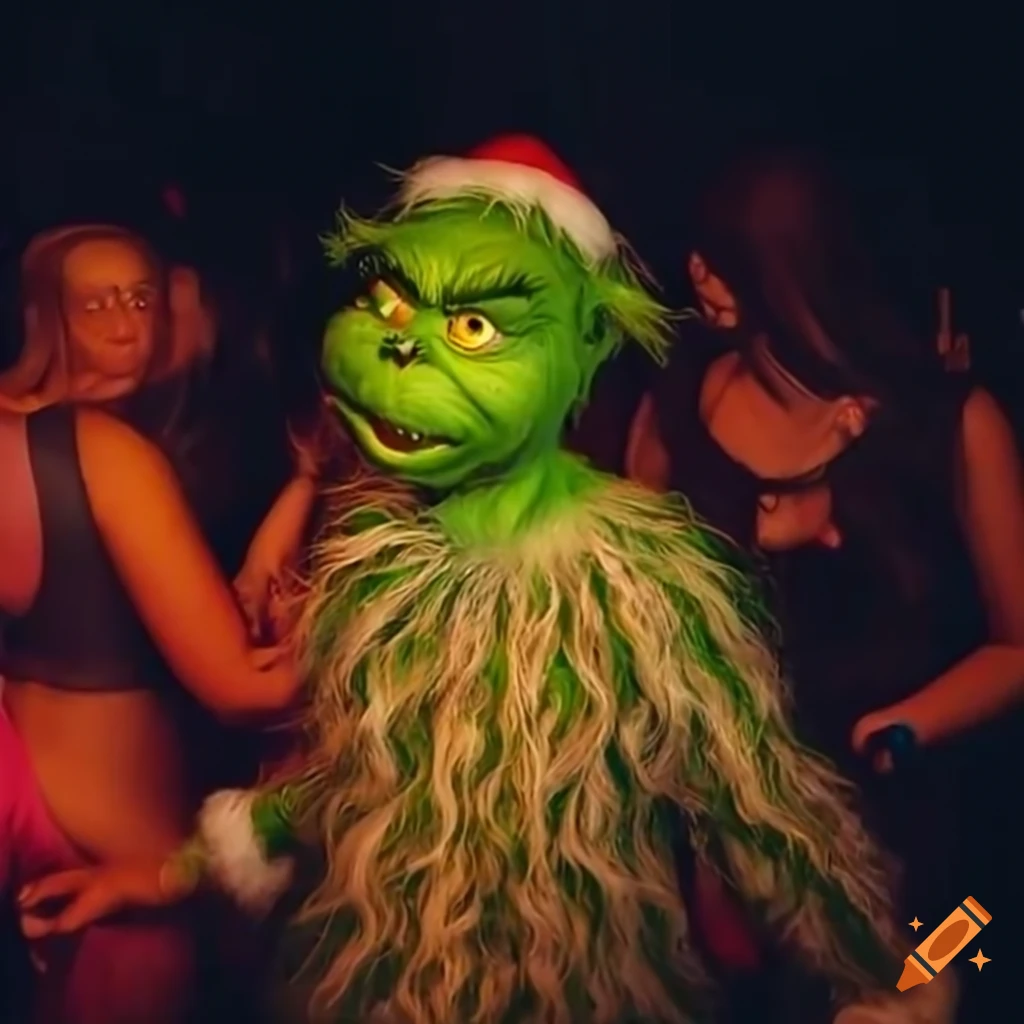 The Grinch dancing at a forest rave with friends