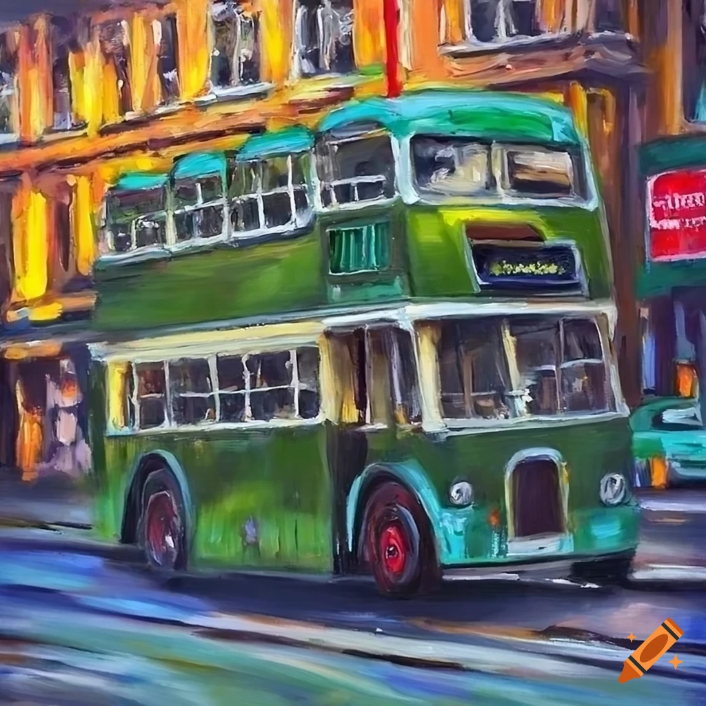 detailed oil painting of a green bus on a busy street