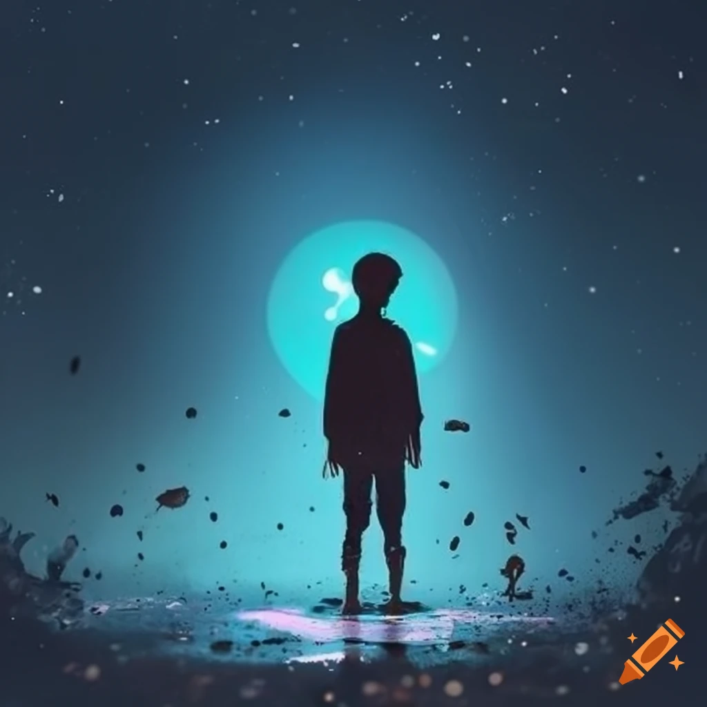 pastel art of a young guy standing on a puddle at night
