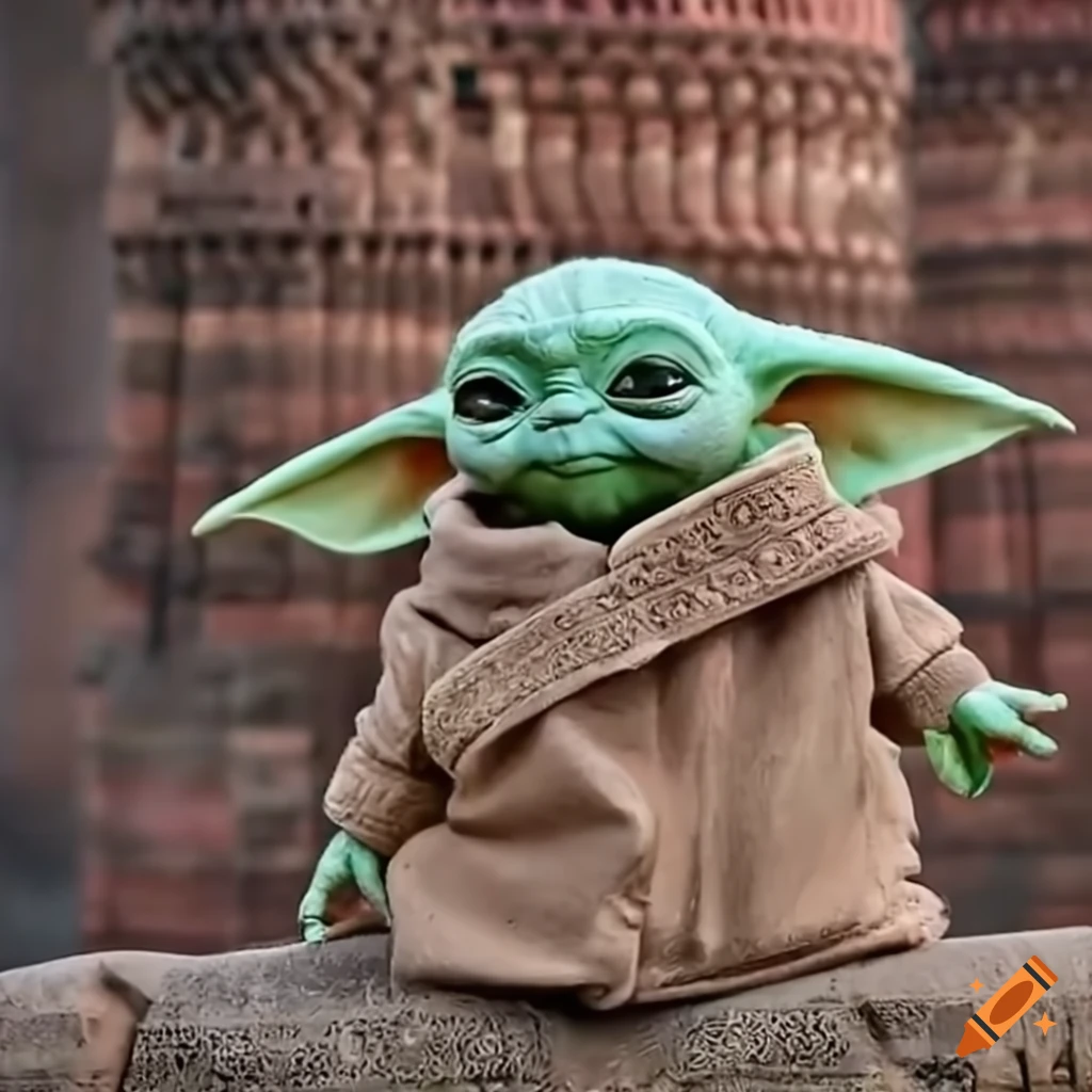 Baby yoda near qutub minar on Craiyon
