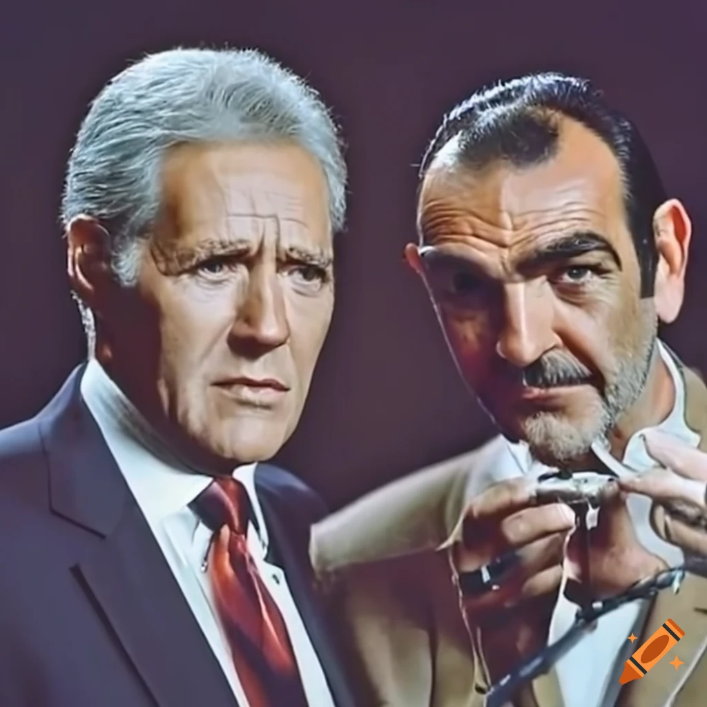 Image of alex trebek and sean connery sharing a funny moment on Craiyon