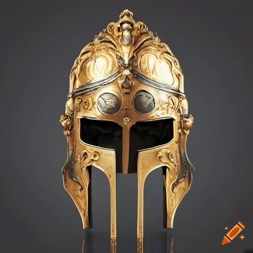 intricately designed gilded steel helmet