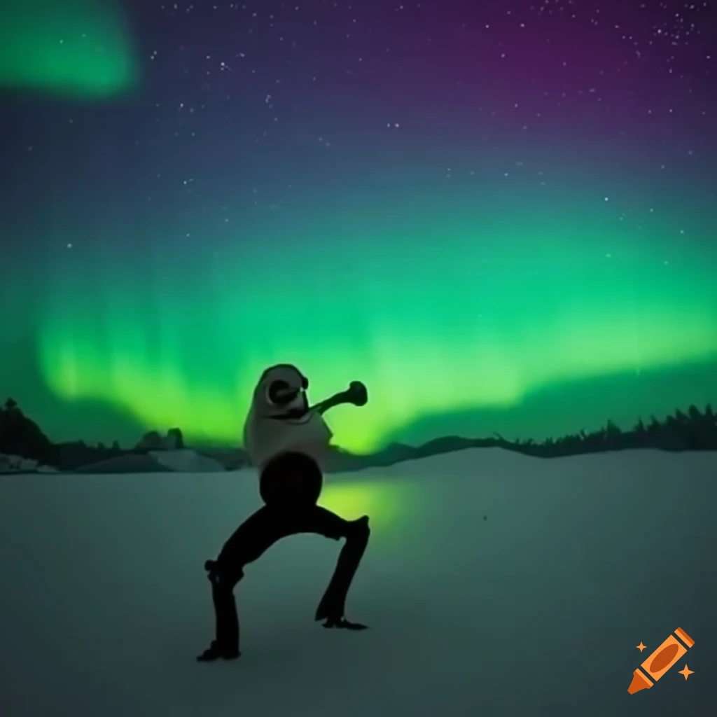skeleton dancing under the northern lights