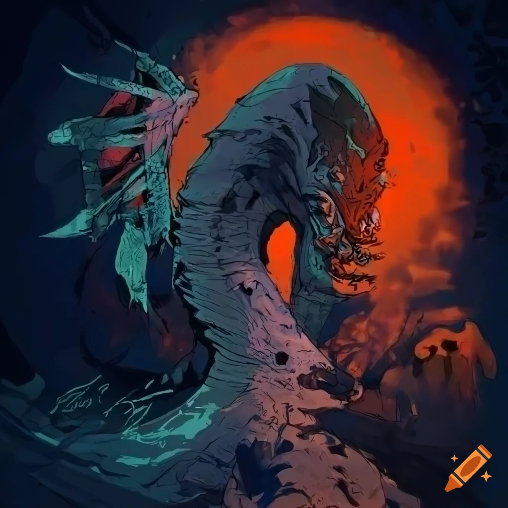 detailed illustration of a sea serpent and shipwreck under water