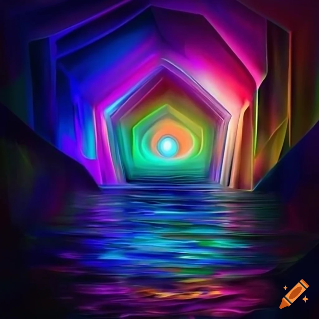 vibrant 3D geometric structure with a mystical water-textured portal