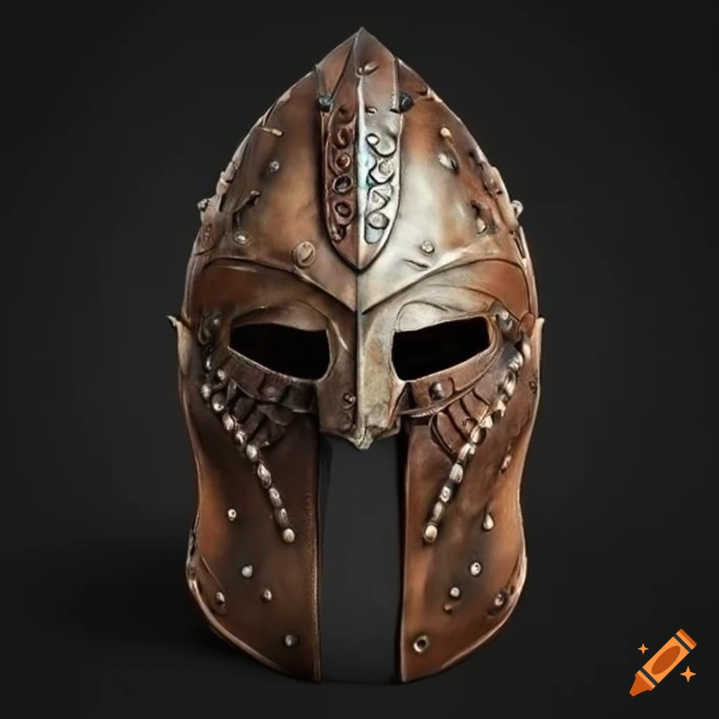 intricate leather helmet with symmetrical design