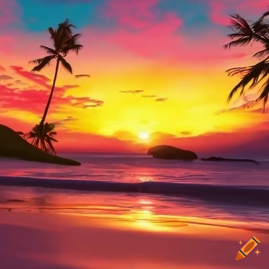 retrowave sunset at the beach with palm trees
