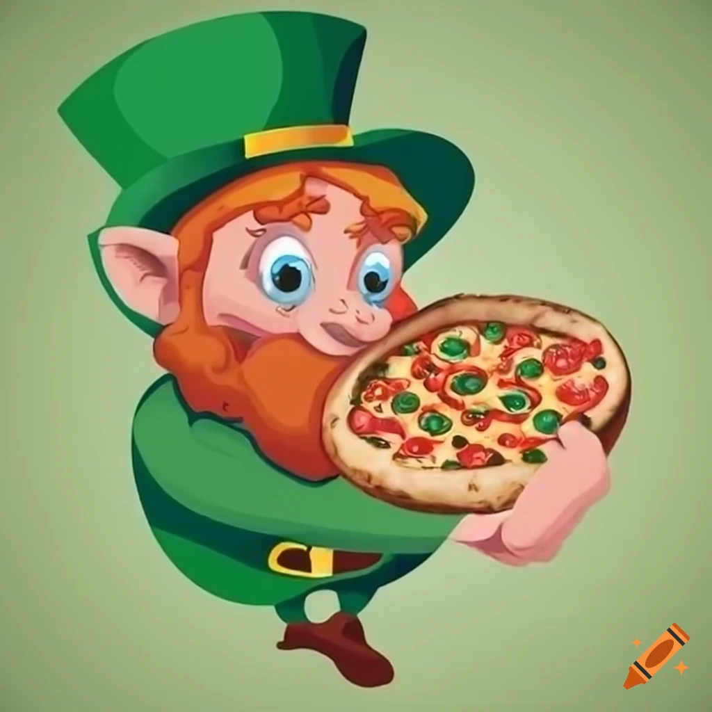 leprechaun holding a pizza