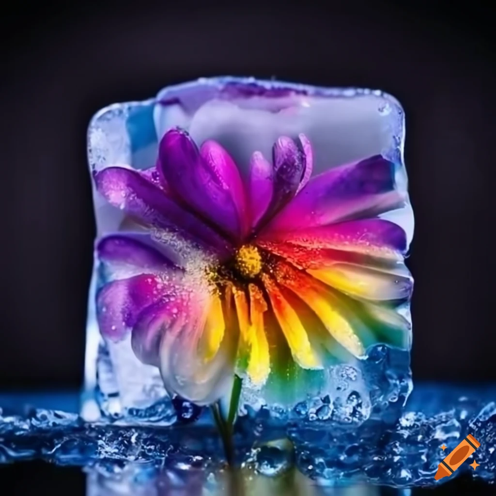 Vibrant frozen flowers in ice cubes