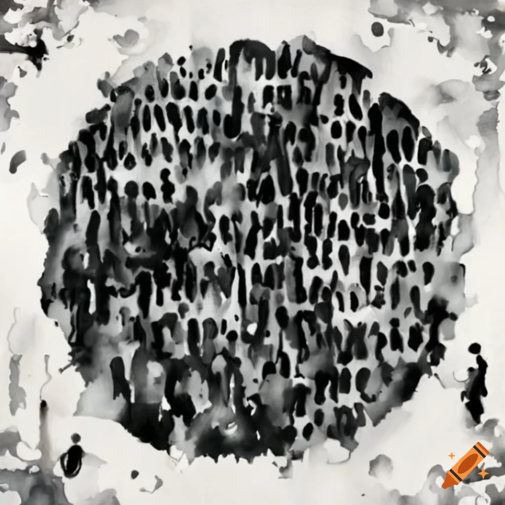 black and white abstract painting of people in front of a maze