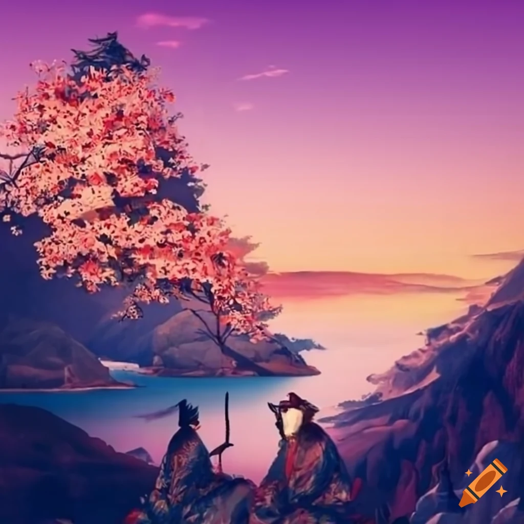 two samurais sitting on a mountain with a blossom tree
