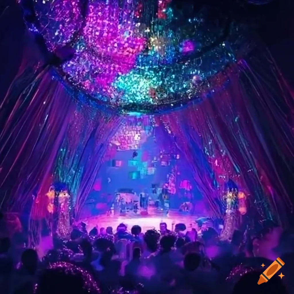 glittering stage with disco lights and a Priscilla bus