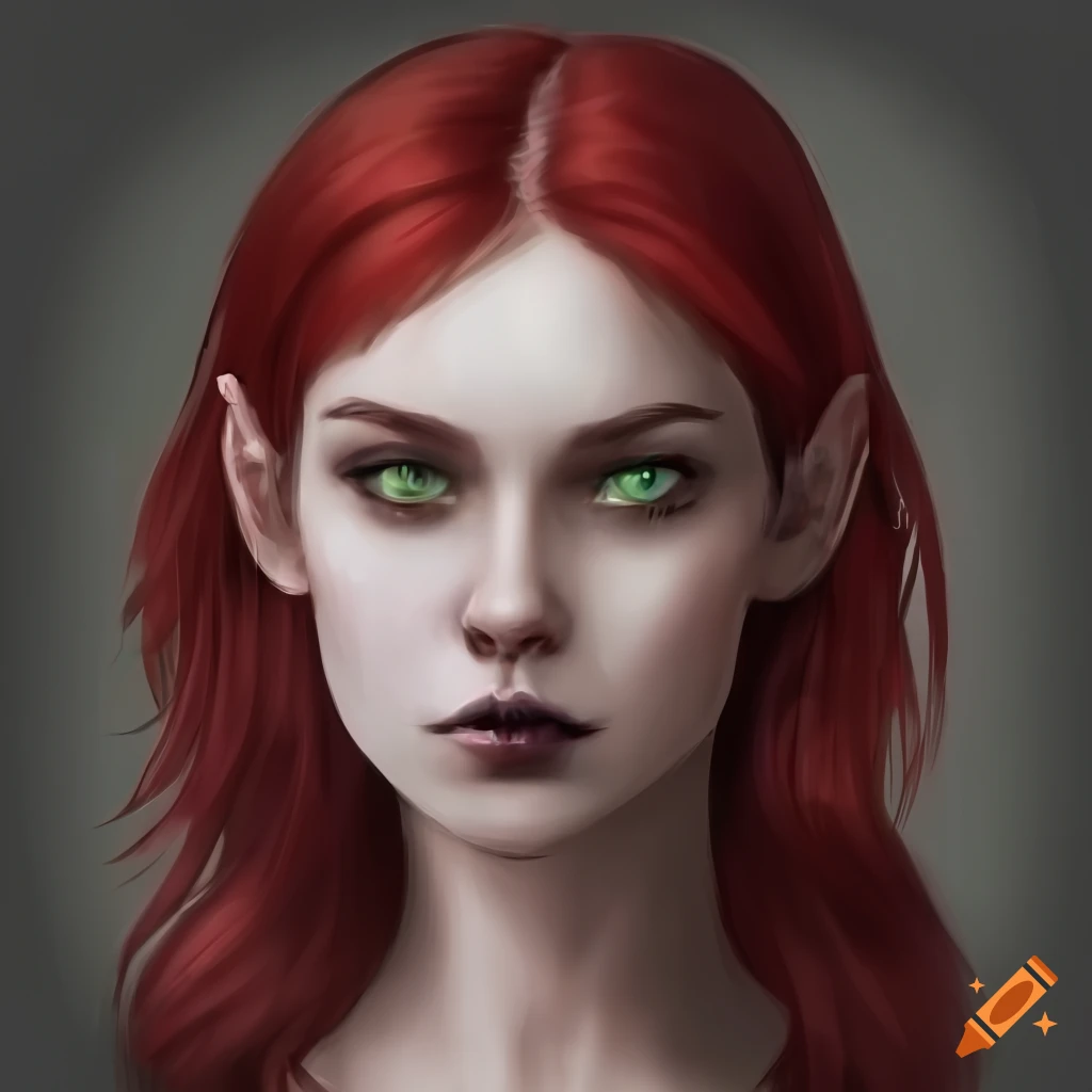 realistic illustration of a young woman with crimson hair in medieval clothing